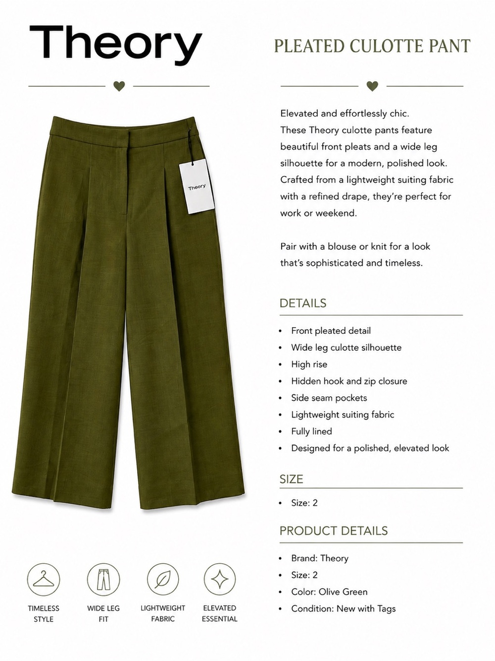 Theory Olive Green Pleated Culotte Pants
